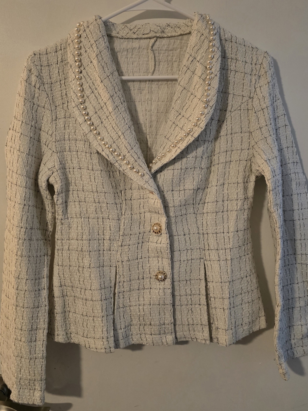 Pearl-Trim Tweed Blazer Jacket in Cream